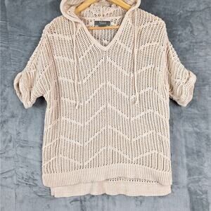 Womens Hoodie Small Boho Open Knit Crochet Pullover Beach Coverup Casual Natural